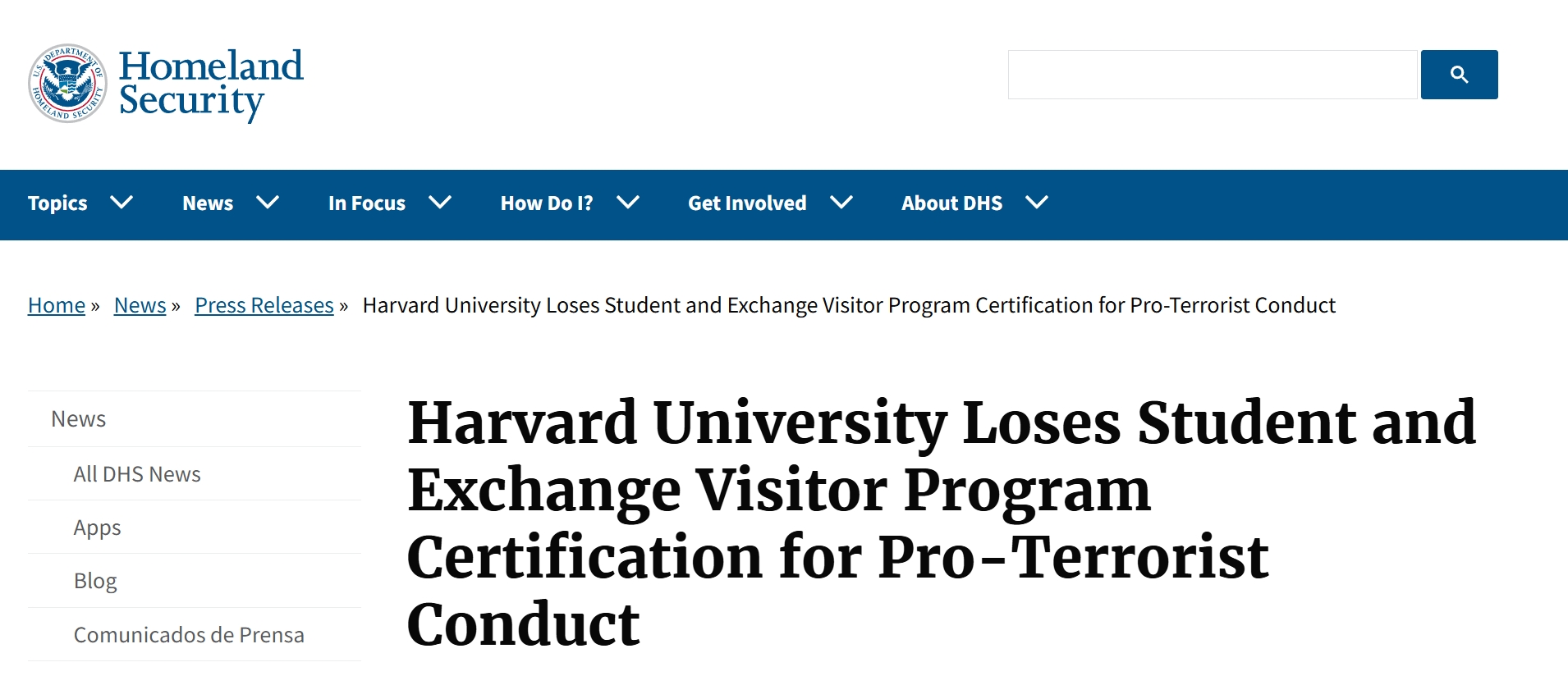 美国政府：剥夺哈佛大学招收国际学生资格 在读留学生必须转学