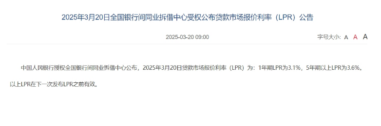3月LPR报价出炉：5年期和1年期利率均维持不变